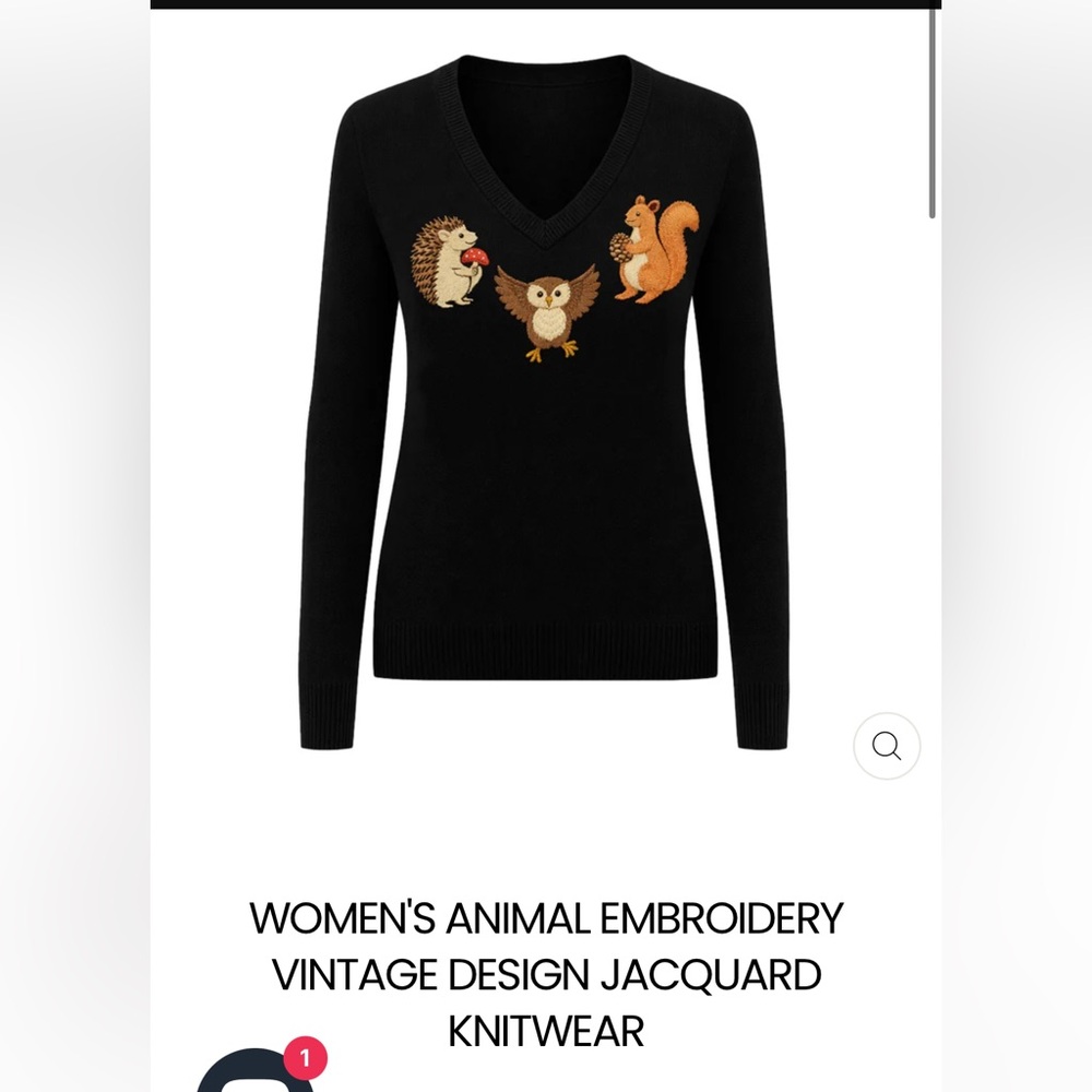 OXKNIT Women’s Black V-Neck Sweater with Animal Embroidery